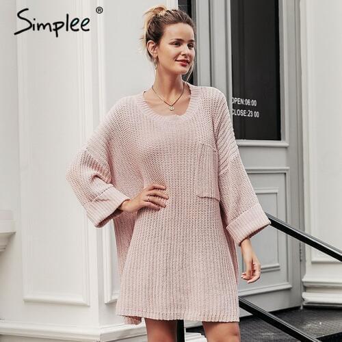 Simplee Casual women knitted pullover Loose style cropped long pullover sweaters O-neck pocket female outer jumpers streetwears