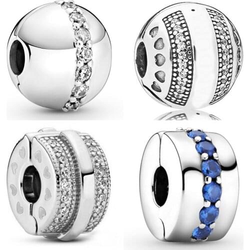 Sparkling Pave Lines & logo Blue Shining Path Clip Stopper Beads 925 Sterling Silver Charm Fit Pandora Bracelet Diy Jewelry