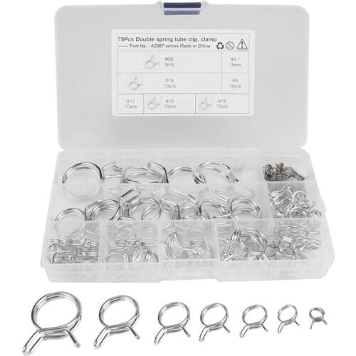 75pcs/box Assorted Double Wire Spring Hose Clamps Fuel Line Hose Tube Clips MGO3