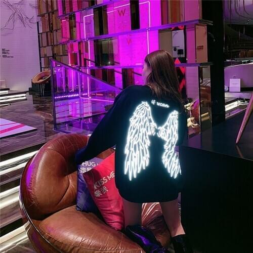Wings reflective printing sweatshirt women clothes streetwear Causal loose streetwear plus velvet female couples shirts