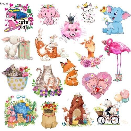 Prajna Cartoon Cat Bear Elephant Animals Heat Transfer Patches For Clothing Stickers DIY Cute Iron On Transfers For Kids T-shirt
