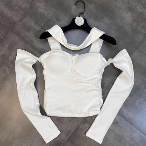 Sexy Top Women 2021 Early Autumn Halter Off Shoulder Long Sleeve Three-Dimensional Chest Pad Slim Shirt Back Zipped T-Shirts