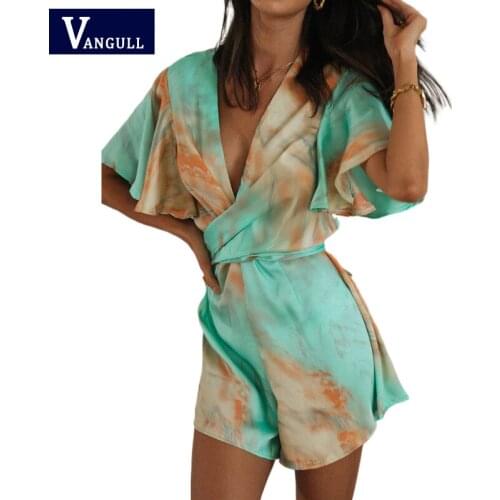 Vangull Tie Dye Printing Playsuits Women Summer Casual Short Sleeve V Neck Jumpsuit Female Backless Lace up Playsuits Rompers
