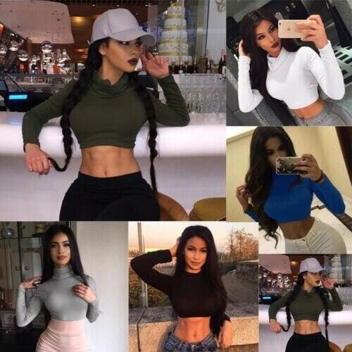 2019 Women Ladies New Long Sleeve Crop Top Turtleneck tights Short T Shirt Tops Tee