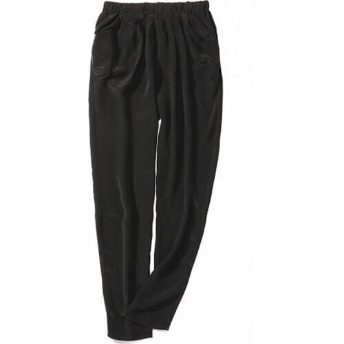 Womens 100% Pure Silk Elastic Waist Long Pants Trousers with pockets Black Color JN442