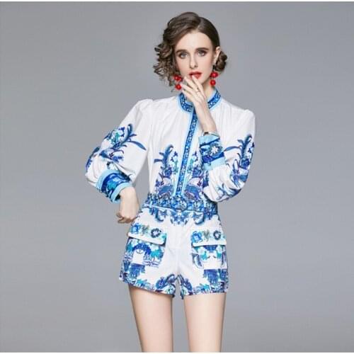 2021 autumn Fashion women 2 Piece Sets Women Flower Print Long Sleeve Shirt Top + Pocket Belt Leg Shorts White Floral Sets
