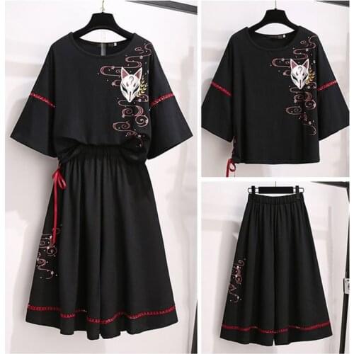 Chinese Style Large Size Womens Hanfu Element Ribbon Irregular Printed Skirt+Anime Printed Half-sleeved T-shirt Two-piece Suit