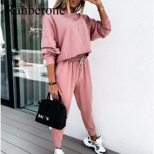 Ranberone Womens Tracksuit Loose Solid Color Fitness Suit Round Neck Lace Up Jogging Two Piece Set Bicycles For Women 2020