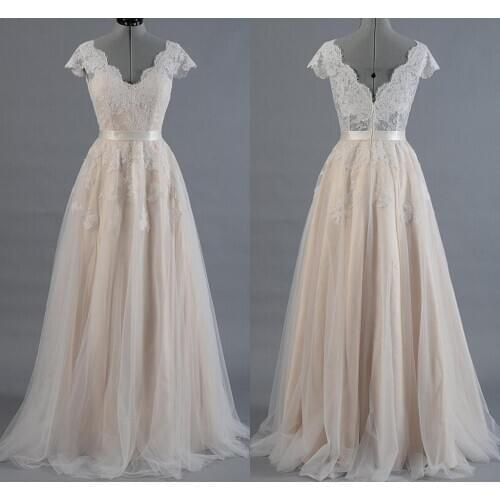 Vestido de novia Champagne Line Lace A-line Wedding Dress 2020 Cap Sleeve V-back Appliques Bridal Gown Hot Sale