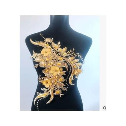 Gold Hot Diamond Pearl Lace Applique Embroidery Cloth Patch Dress Gown Design flower Piece Accessories