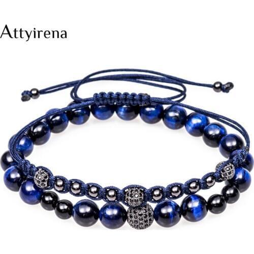 2pcs/Set Blue Natural Tiger Stone Beads Bracelet Micro CZ Female Bracelet Braiding Macrame Cord Women Men Bracelet 2018