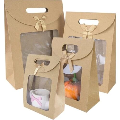 2pcs Kraft Paper Gift Bag With Clear Window Portable Gift Packaging Candy Snacks Boxes Wedding Birthday Party Baking Supplies