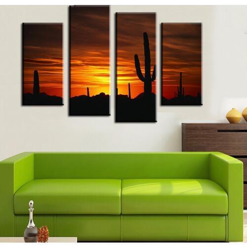 4pcs Under Sunset Of Cactus Family Decorates Print In The Oil Painting On The Canvas,wall Art Picture Gift Unframed