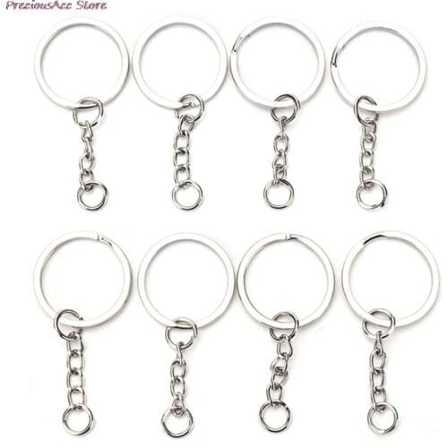 50Pcs Polished Silver Color Split Ring With Short Chain 30mm Keyring Keychain Women Men DIY Key Chains Accessories