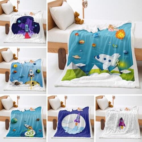 Kids Space Rocket Fleece Blanket Universe Planet Plush Blanket for Sofa Bed Couch Outer Space Adventure Sherpa Throw Blanket