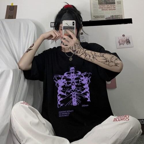 Hip Hop Kawaii Skeleton Printed Streetwear T-shirt Vintage Summer Short Sleeve Womens Clothes Y2K Tshirt Punk Plus Size Tops