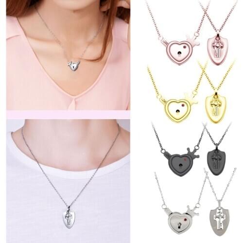 2Pcs Valentines Day Lovers Stainless Steel Lock Key Heart Puzzle Pendant Necklace Kit Love Matching Sets Jewelry Gift