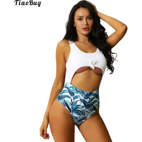TiaoBug Summer Women One-Piece Swimming Leotard Floral Print Front Knot Middle Cutout Strappy Swimsuit Monokini Swimwear