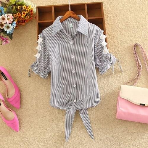 Summer Bow Tie Striped Shirt Womens Tops Blouses Fashion Short Sleeve Turn-down Collar Elegant Blouse Women Shirts blusas DD2628