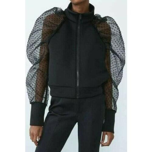2021 Hot Women Black Jacket with Dotted Mesh Sleeves Coat