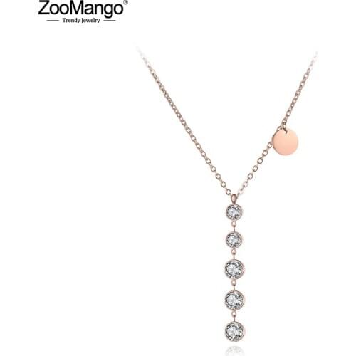 ZooMango Trendy Mosaic AAA Zircon Stainless Steel Chain Pendant Necklace Rose Gold Tag Charm Chokers Necklaces For Women ZN19052