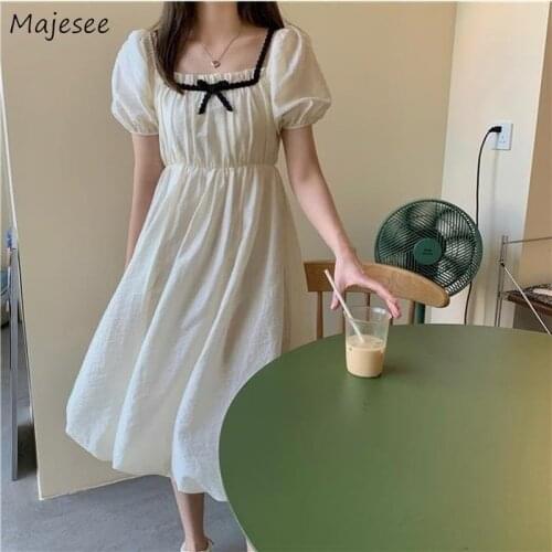 Puff Sleeve Dress Women Sweet Princess Style Girls Bow Elegant Lady French Version Gentle Tender A-line Sundress Female Leisure