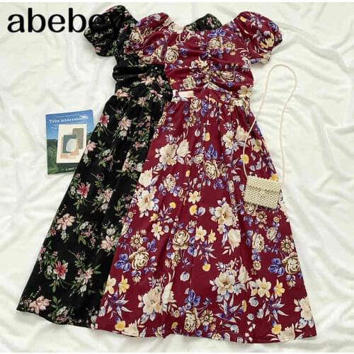 2021 New Summer Temperament All-match print V-neck Dress high waist ruched bandage puff sleeve medium length Dress