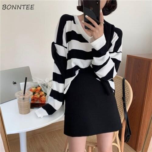 Striped Sweaters Women Spring Simple Basic Soft V-neck All-match Vintage Ladies Pullover Korean Fashion Loose Girls Knitwear BF