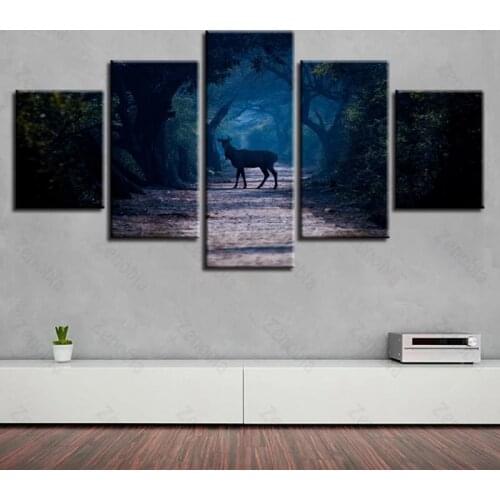 Poster Animal Deer On The Road In The Woods Wall Art Decoration Canvas Painting for Living Room and Bedroom Frameless Style