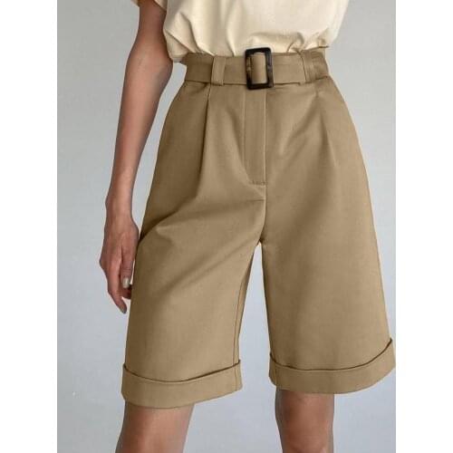 Women Popular Solid Color Pocket All Match High Waist Shorts Casual Shorts Suit Loose Short Pants Crimping