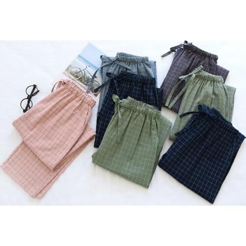Spring Washed Cotton Sleep Bottoms Loose Thin Lovers Pijamas Plaid Lounge Pants Elastic Waist Sleepwear Women and Men Trousers