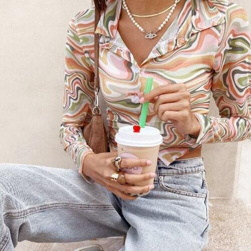 Wave Print Cropped Tops Women Long Sleeves Y2K Streetwear Casual Shirt 90s Retro Button Up Turn-Down Collar Slim Shirt Tops