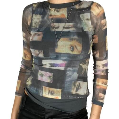 Women Sheer Mesh Tops, Stylish Long Sleeve Portrait Print Crew Neck Slim Fit T-Shirts Spring Autumn