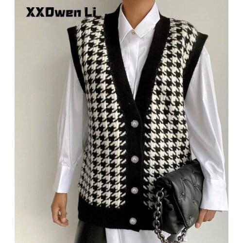 Autumn Wool Houndstooth Vest Cardigans Woman Winter 2021 Casual Black Sleeveless Sweater Women Loose Knitted Fashion Jumper Vest