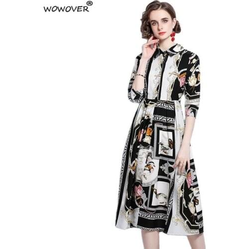 Runway Fashion Womens Summer Print Midi Vintage Dress Female Clothing Designer Half Sleeve Casual Aline Vacation Vestidos Lady