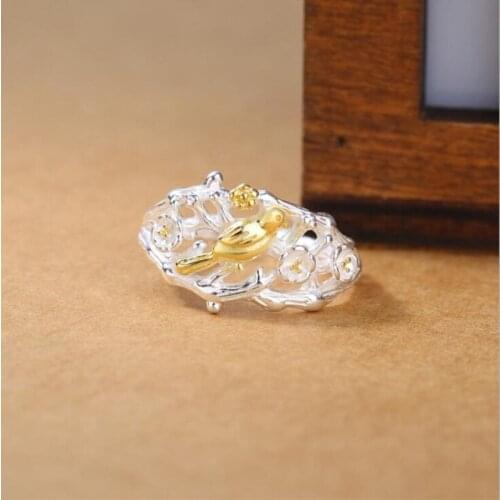 Gorgeous Fashion Bird in Flower Branch Open Rings for Women Ladies Charm 925 Sterling Silver Jewelry Creative Gifts Female SR415