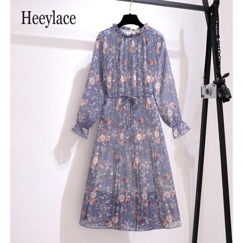 Plus Size Women Autumn Long Sleeve Floral Print Chiffon Dresses Women High Waist Stand Collar A-line Pleated Vestidos Femme 4XL