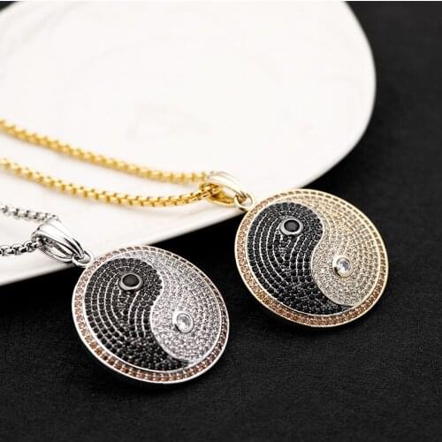 Zhijia gold silver color round yin and yang taiji crystal rhinestone pendant long chain necklace for men gifts