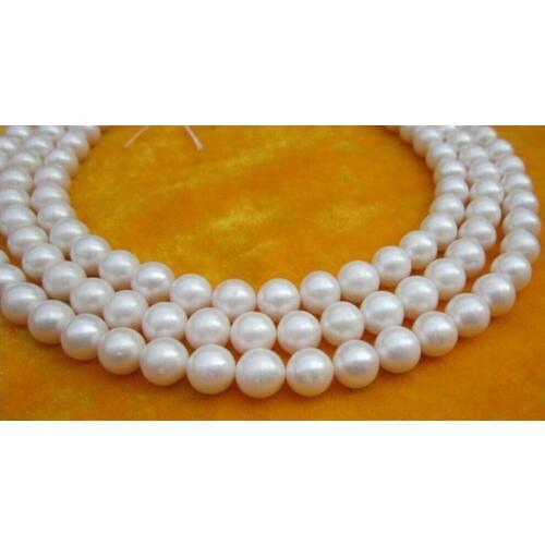 3 ROW 9-10MM AA++ NATURAL SOUTH SEA WHITE PEARL NECKLACE 17"- 19">Selling jewerly free shipping