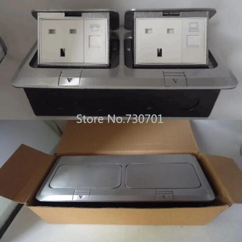 2019 Aluminum material silver floor mounted socket box with 2 *UK/USA/EU/AU power + 2 *RJ45 ,copper material available 200 pcs