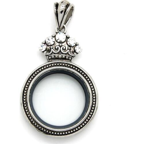 Antique Glass Floating Locket Crown with Rhinestone Plain Charm Locket Memory Locket for Necklace Pendant