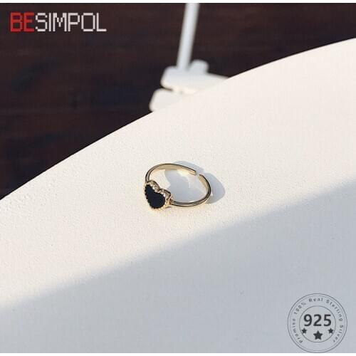 Besimpol Real 925 Sterling Silver Ring Temperament Black Agate Heart Adjustable Open Rings For Women Fashion Fine Jewelry Gifts