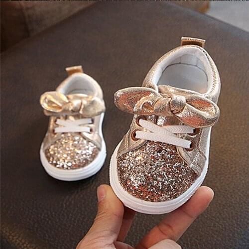 2019 Kid Baby Girls Soft Sole Sports Shoes Sequins Bowknot Casual Training Shoes Gold Silver Pink