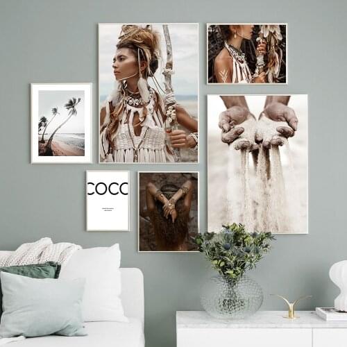 Fashion Poster Wall Art Print Boho Girl Canvas Painting Portrait Woman Feather Hunter Pictures Room Vintage Fashion Home Decor