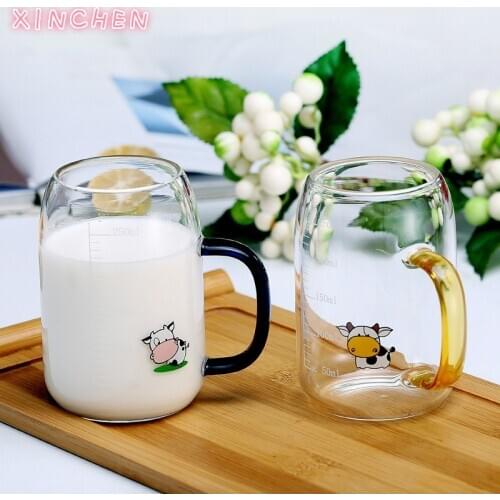 Cartoon Milk Mug Cup Cartoon Glass Gift Family Water Cup Coffee Mugs Kawaii Mug Cow Pattern with Handle Cute Borosilicate Glass