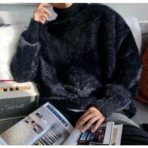 Mens Soft Mohair Warm Faux Fur High Neck Sweater Casual Loose Fit Blouse