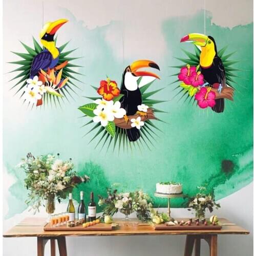 Set of 3 Hanging Paper Fans Flamingo Toucan Palm Leaves Pattern Tropical Party Hawaiian Summer Birthday Luau Party Decorations