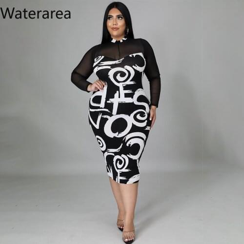 Waterarea Plus Size Women Dress O-neck Long Sleeves Mesh Splicing Perspective Midi Dress Sexy Casual Print Vestidos Autumn 2021