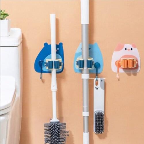 Durable Non-Marking Bear Mop Clip Free Punching Hanging Broom Holder Bathroom Sticking Hook Card Holder Bath Supplies