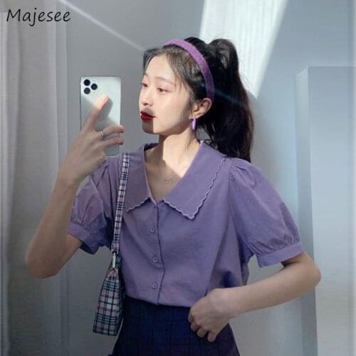 Shirts Women Cute Puff Sleeve Design All-match Tunic Purple Summer Button Mujer Japanese Sweet Solid College Trendy Femme Lovely
